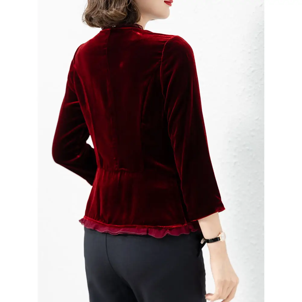 2025 Spring Women Vintage Ruffles Wine Red Cardigan Velvet Coat , Woman Clothing Short Slim Fall Velour Coats
