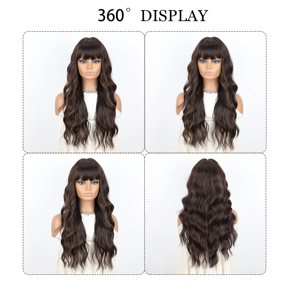 Long Brown Ombre Synthetic Wig With bangs for Black Women Wavy Wigs Cosplay Water Wave Wig Heat Resistant