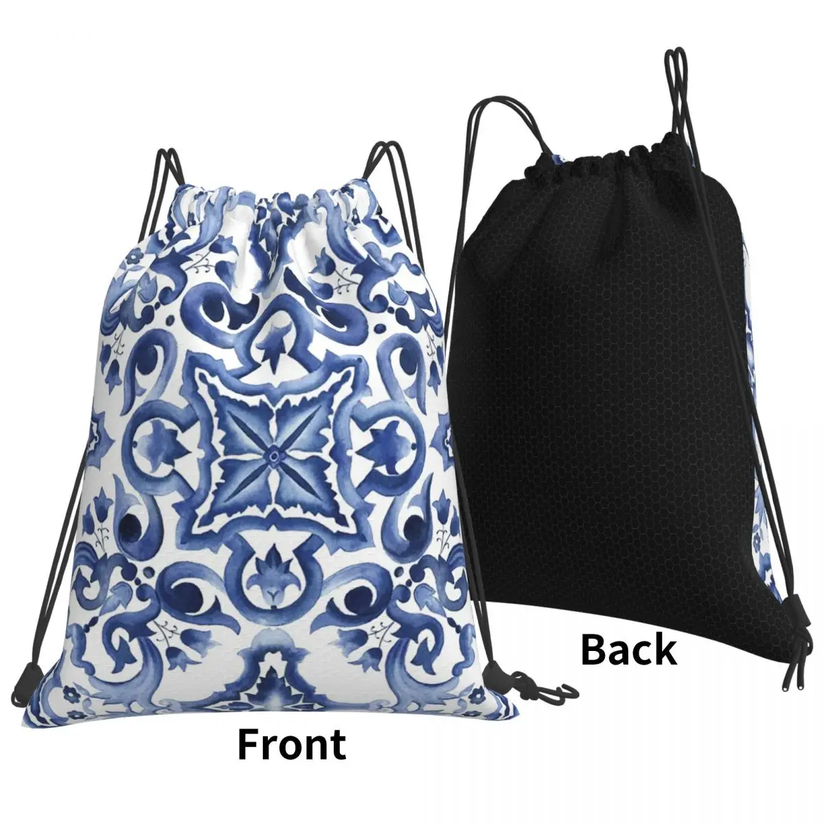 

Blue Ornate Floral Mediterranean Sicilian Tile Backpacks Portable Drawstring Bags Sports Bag Book Bags for Man Woman School