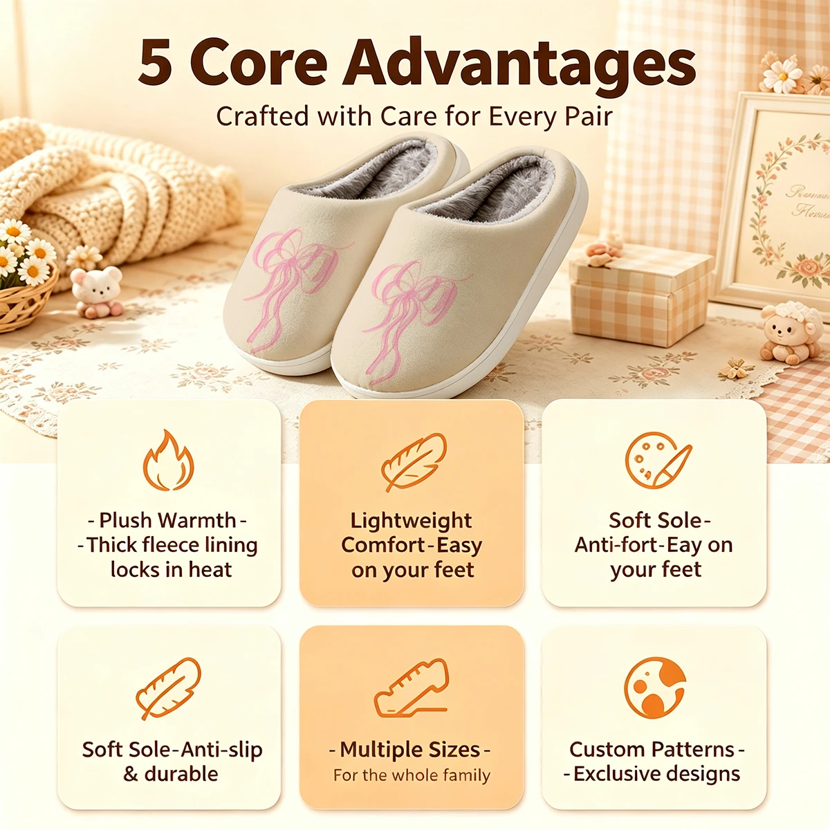 Pink Ribbon Twist Christmas White Slippers Warm Plush Indoor Shoes Non-Slip Winter Slippers Family Holiday Gifts Soft view 4