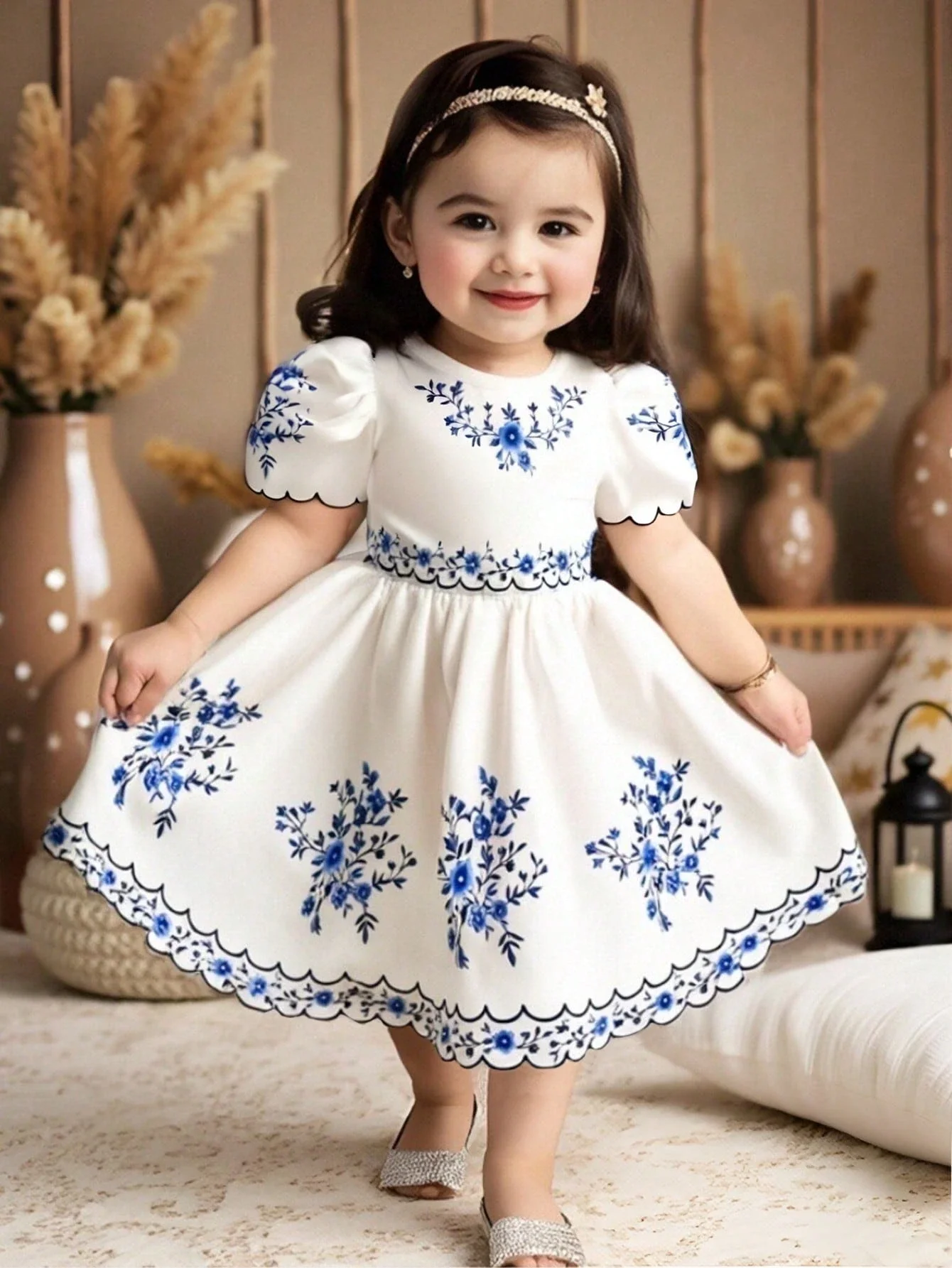 

Elegant Blue Floral Embroidered Puff Sleeve A-Line Dress For Women Spring Summer