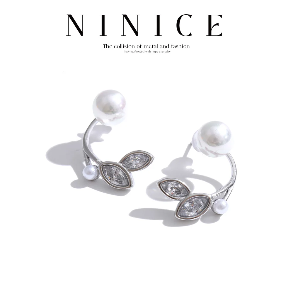 

NiNice Stainless Steel Zirconia Simulated Pearls Leaf Stud Earrings for Women Elegance Popular Chic Daily Jewelry