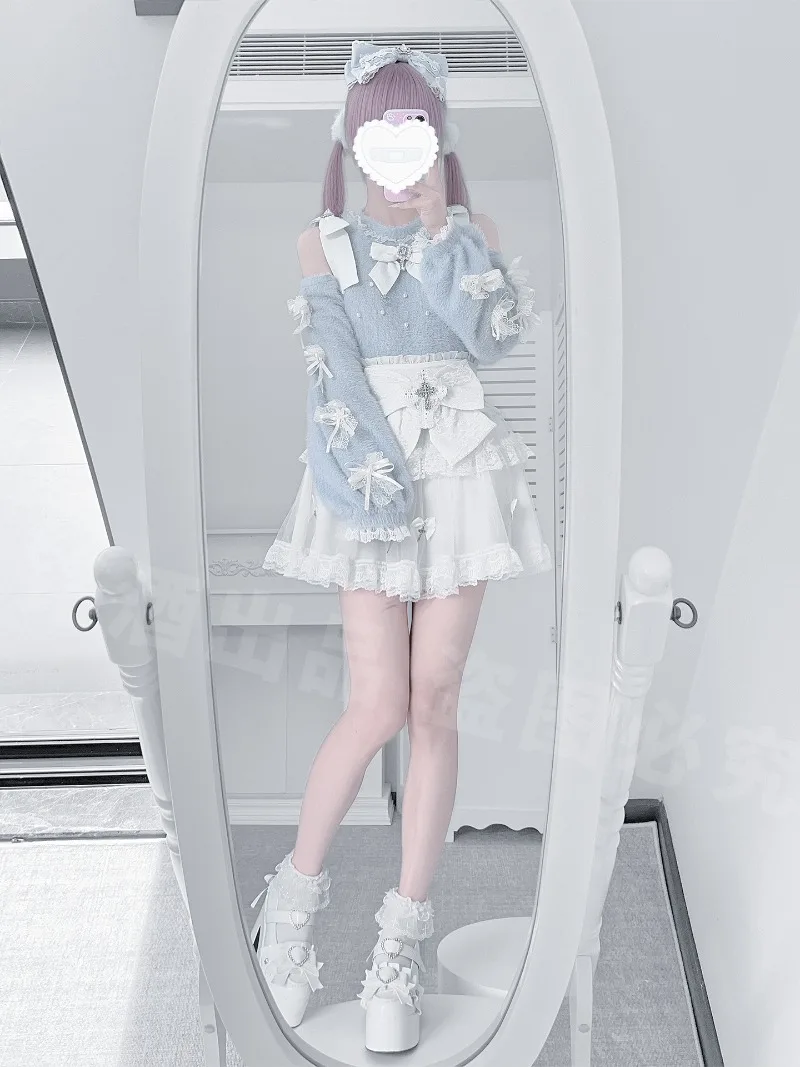 Y2K 서브컬쳐 레이스 로리타 스타일 신상 가을 겨울 블랙 워터컬러 숏 스웨터 재킷 하이웨이스트 스커트 투피스 세트 여성용