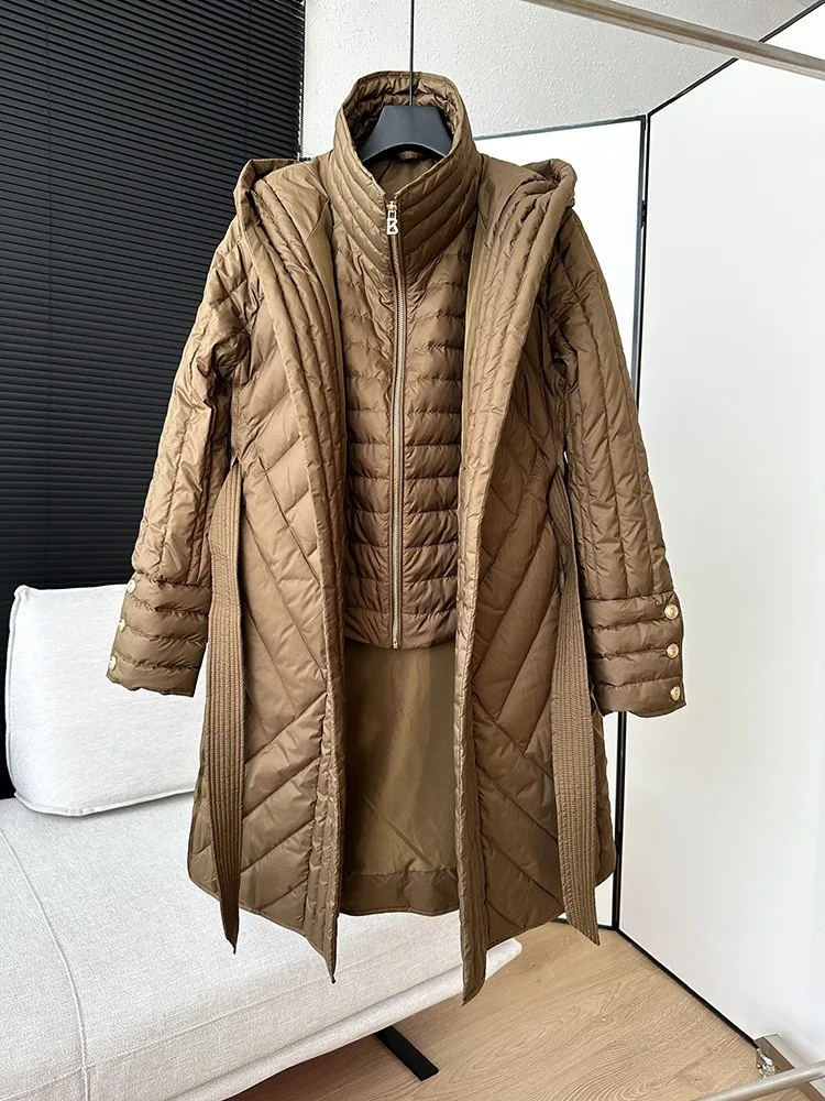 Designer Fake Two Pieces Down Coat Women Warm Stand Collar Hooded Long Jacket Office Ladies Slim Fit Fashion Casual Overcoat