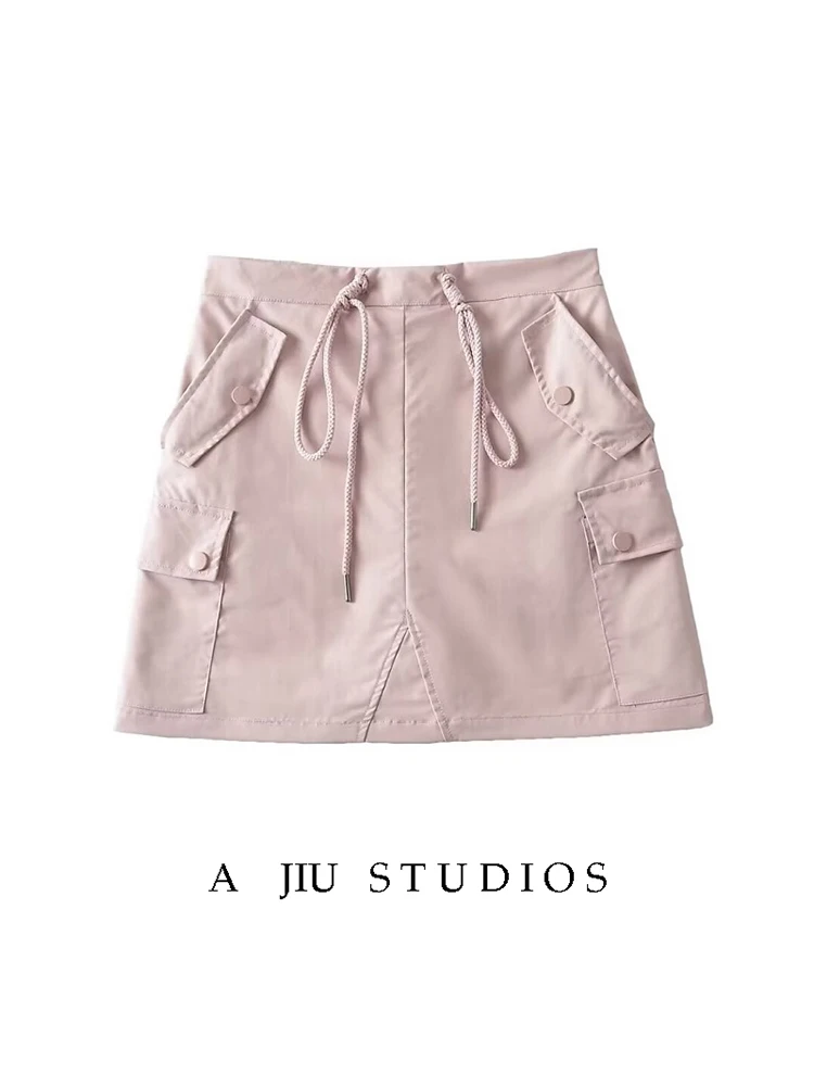 American Retro Pocket Drawstring High Waist Slimming Workwear Short Skirt Women Design Sensual Girl Anti-Light A-Line  Skirt