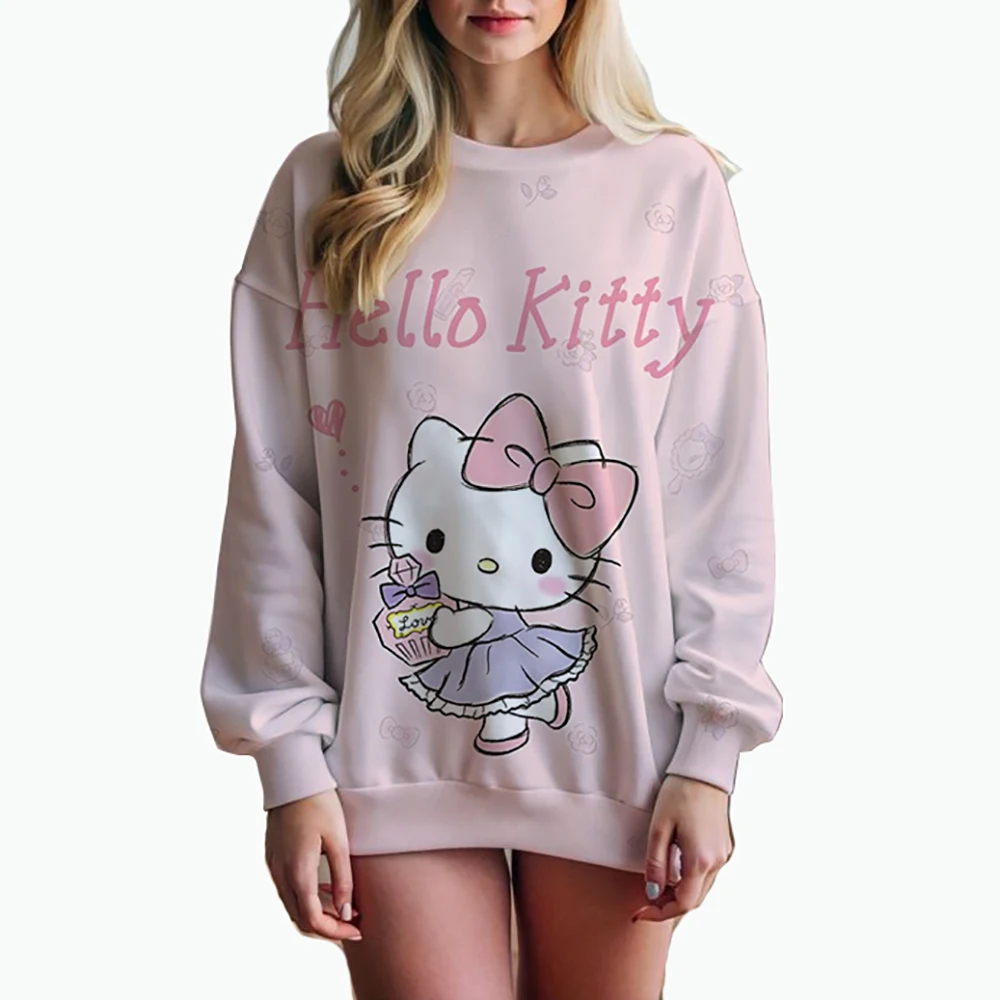 Felpe con cappuccio da donna Basic Hello Kitty stampato felpa con cappuccio allentata manica lunga tasca a marsupio pullover con spalla cadente Top