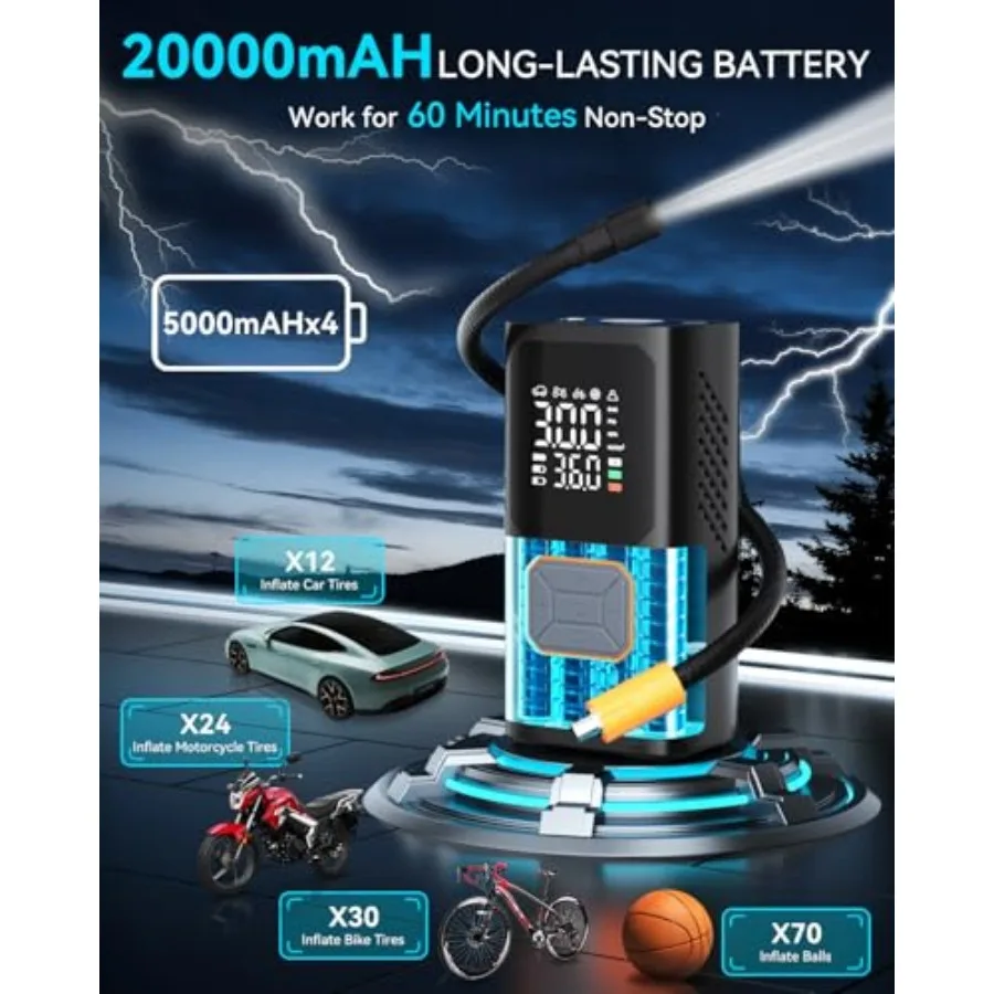 Bezprzewodowa pompka do opon Przenośny kompresor powietrza 150PSI Pompka rowerowa z lampką LED Manometrem Automatyczne wyłączanie Elektryczna pompka powietrza