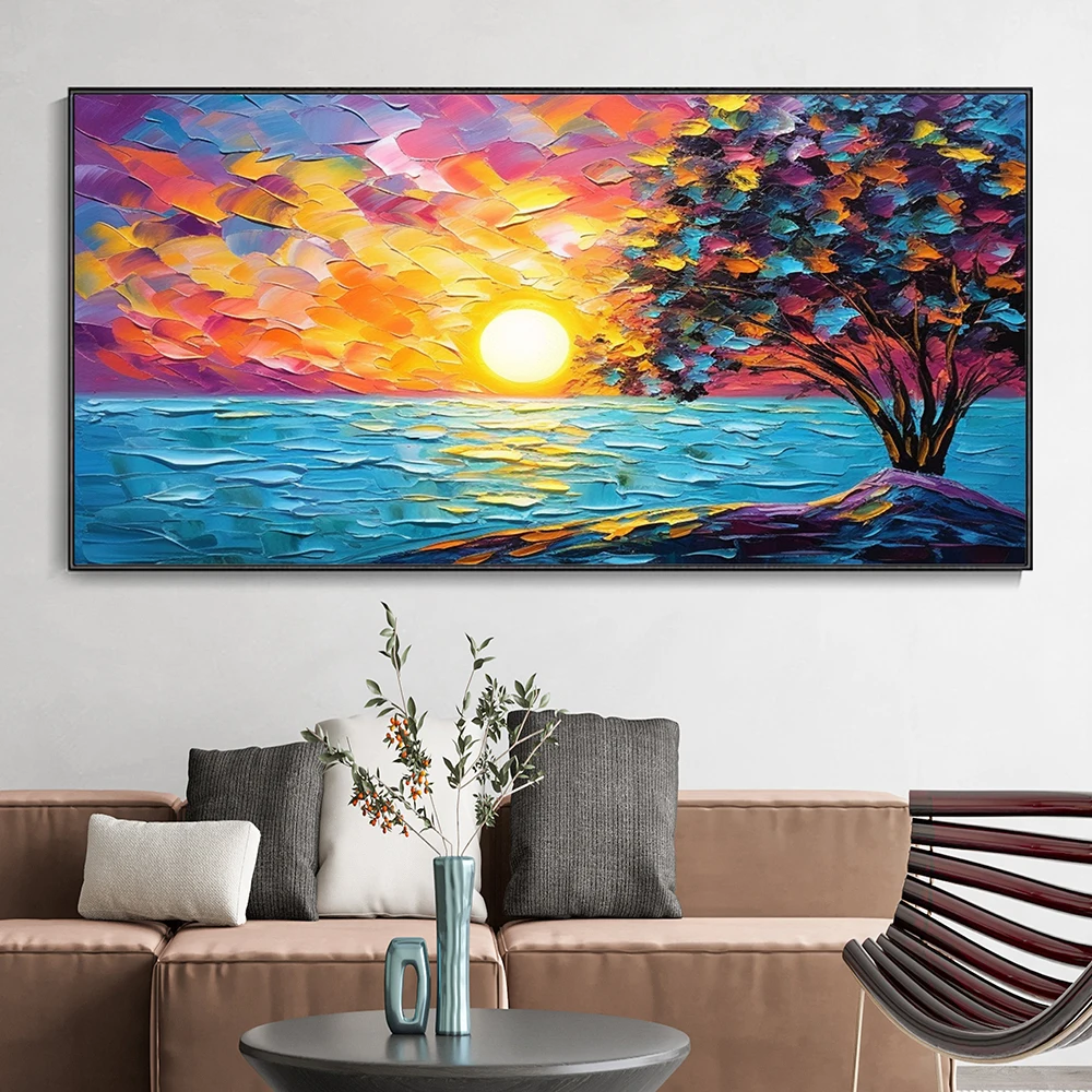 Hand Painted Oil Paintings Modern Boho Art Colorful Sky Canvas Painting Abstract Tower Tree Texture Oil Painting home decor