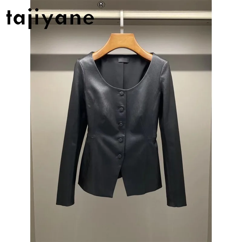 TAJIYANE Spring Autumn Genuine Leather Jacket Women Coat Stretch Sheepskin Big U-Neck Cropped Jackets Multi Buttons Outerwear