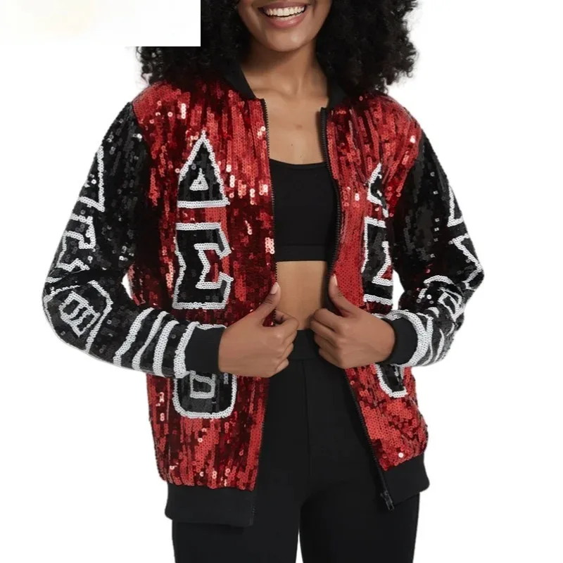 

Spring Autumn Women' Streetwear Patchwork Sequins Striped Letter Long Sleeve Jacket Hip Hop Round Neck Outerwears Wears