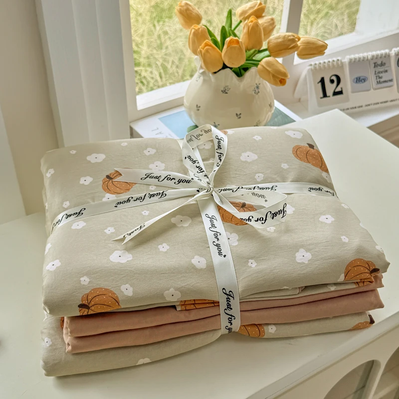Cartoon Pumpkin Bedding Set Soft Washed Bed Sheet Set Twin Queen Size Duvet Cover Set No Filling With Pillowcases Bedroom Decor