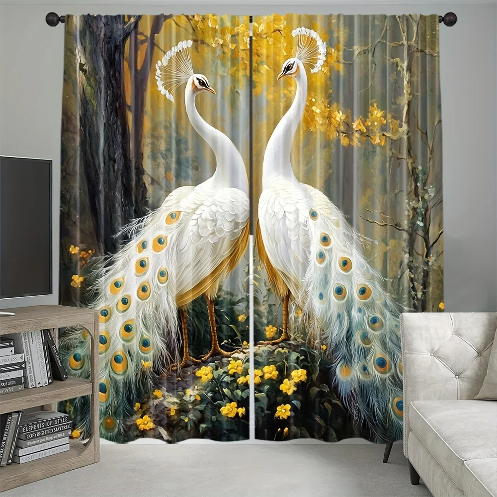 Elegant Peacock Pair Curtain Panels for Living Room Home Decor Realistic Nature Art Window Drapes
