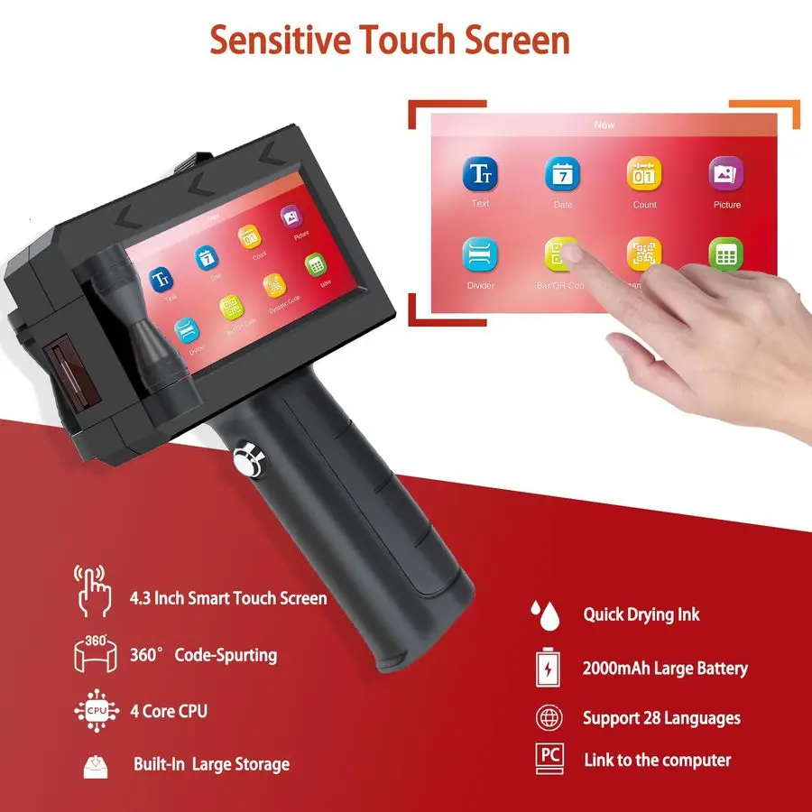 طابعة نافثة للحبر محمولة، مسدس طابعة محمول محمول مع حبر سريع الجفاف سعة 42 مل، فوهة 0.5 بوصة للنص، ورموز الاستجابة السريعة، والباركودات، والمختبر #5