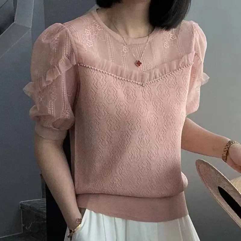 French Style Lace Splice Knitted Top Women's Bubble Sleeve Thin Long Sleeve Knitwear Ultra Long Sleeve Commute Q315