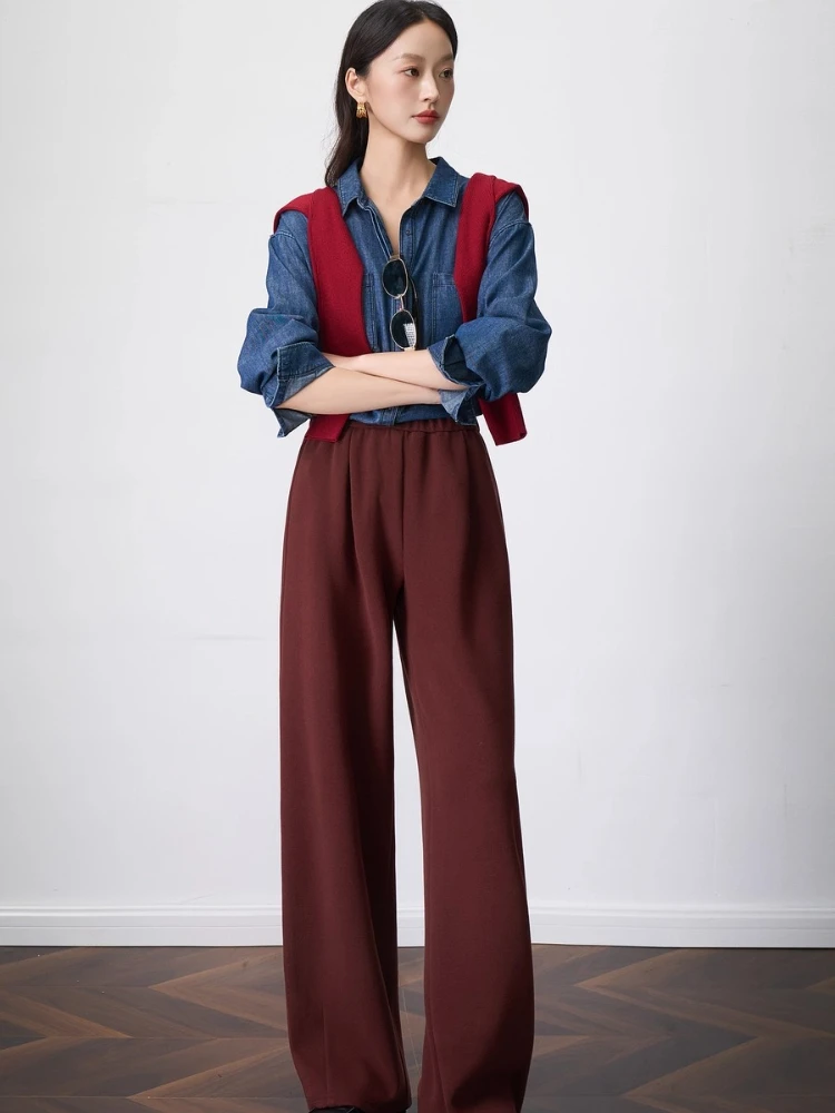 OLrain Vintage Straight Pants Women Autumn 2025 New Solid Knitted Pants Elastic Waist Loose Long Trousers Female O57QK001612