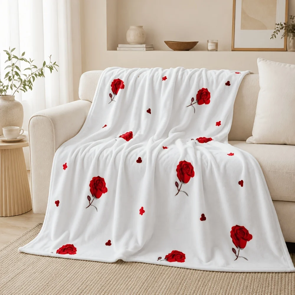 White Base Red Rose And Heart Print Fleece Throw Blanket Soft Cozy Lightweight Blanket for Sofa Couch Bed Romantic Elegant