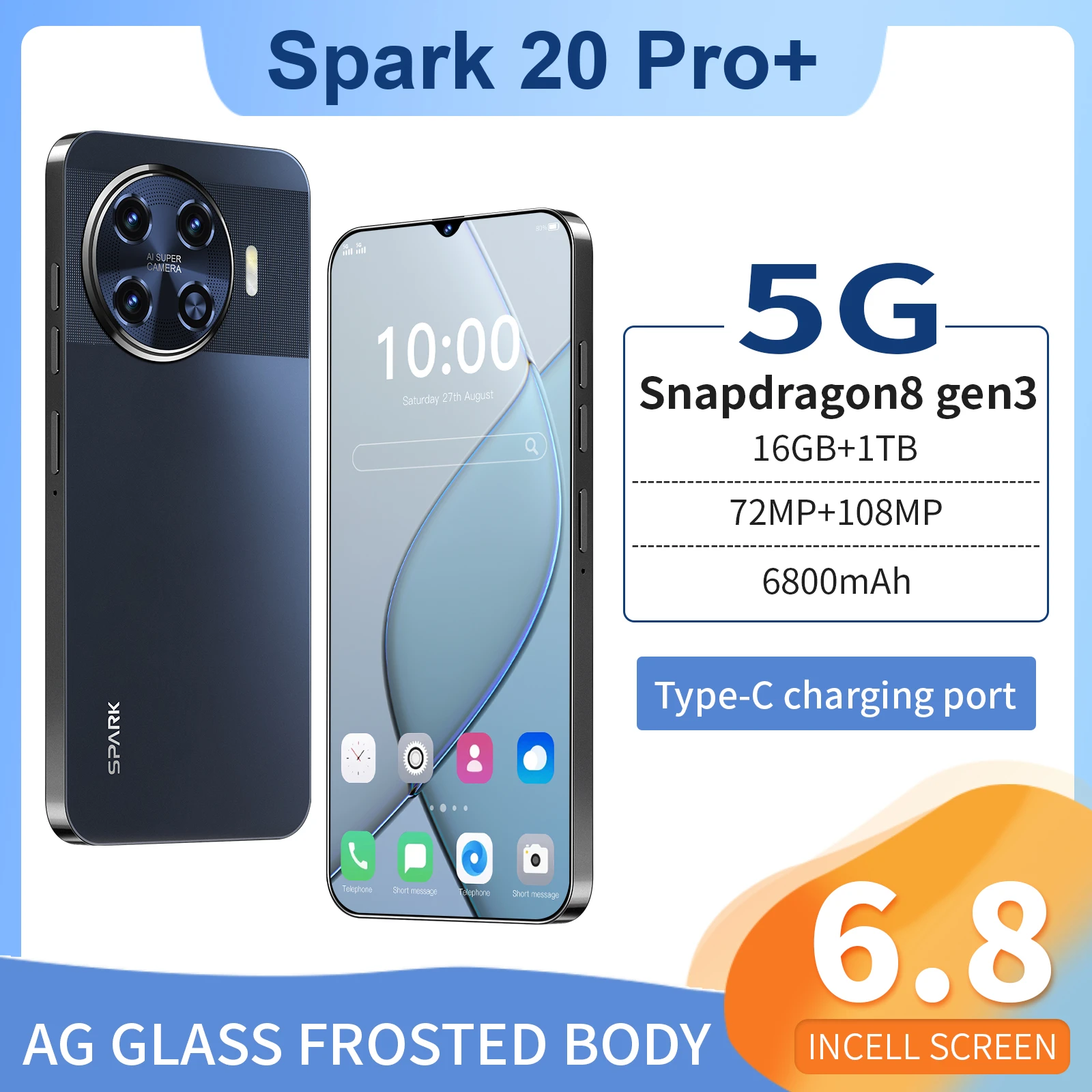 

Spark 20 Pro+ Smartphone 5G 6.8" HD Screen Cell phone 16GB+1024GB Cellphones Dual Sim Unlocked Original Mobile Phones Android