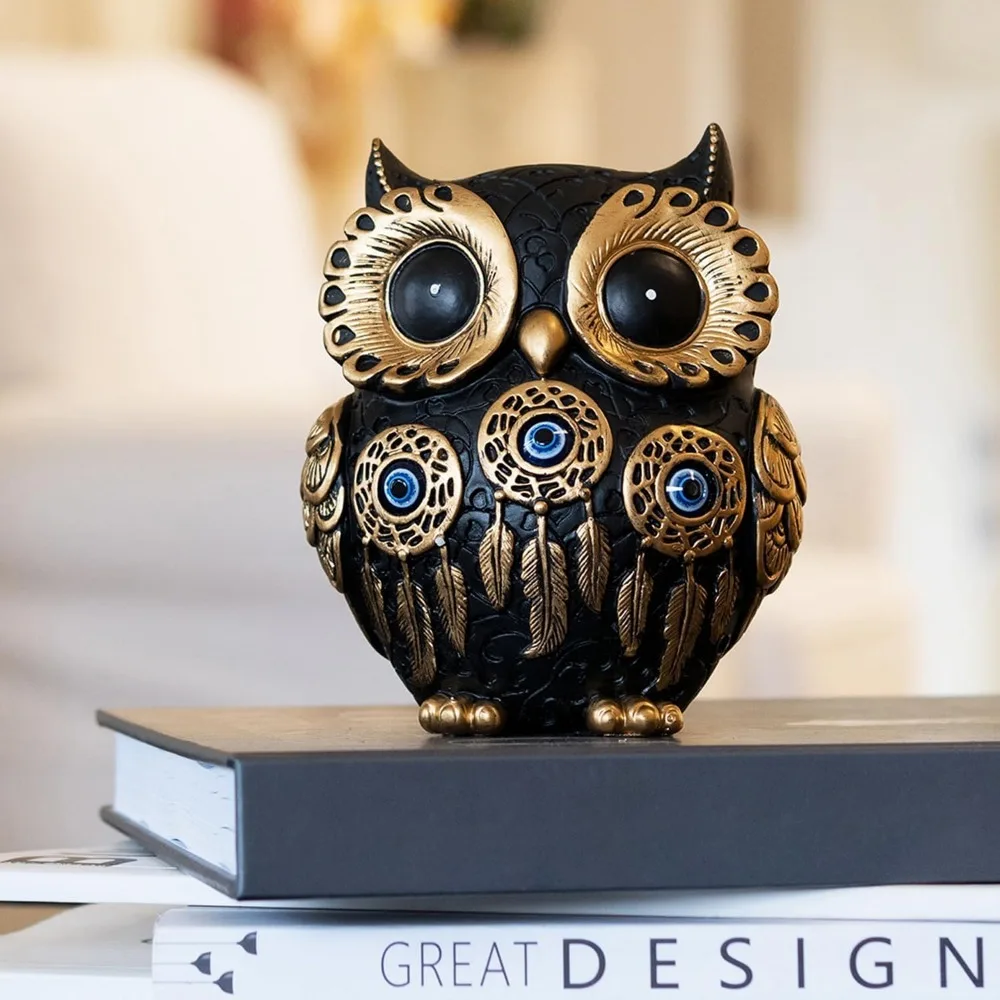 

Vintage Black Owl Statue Home Decor - Evil Eye Accent for Bookshelf, Bedroom, Living Room, Office & Table. Cute Small Animal Scu