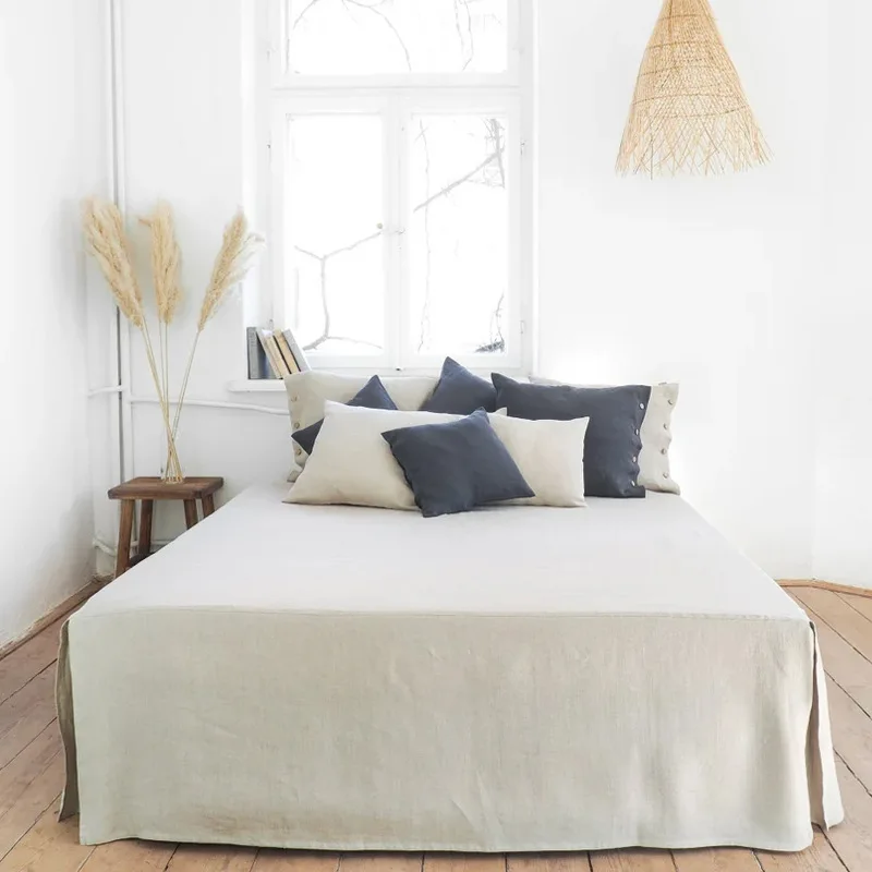 Bed Skirt Set 100% Linen, 2 Pillowcases,1 Bed Skirt for King/Queen Size Bed With 14\