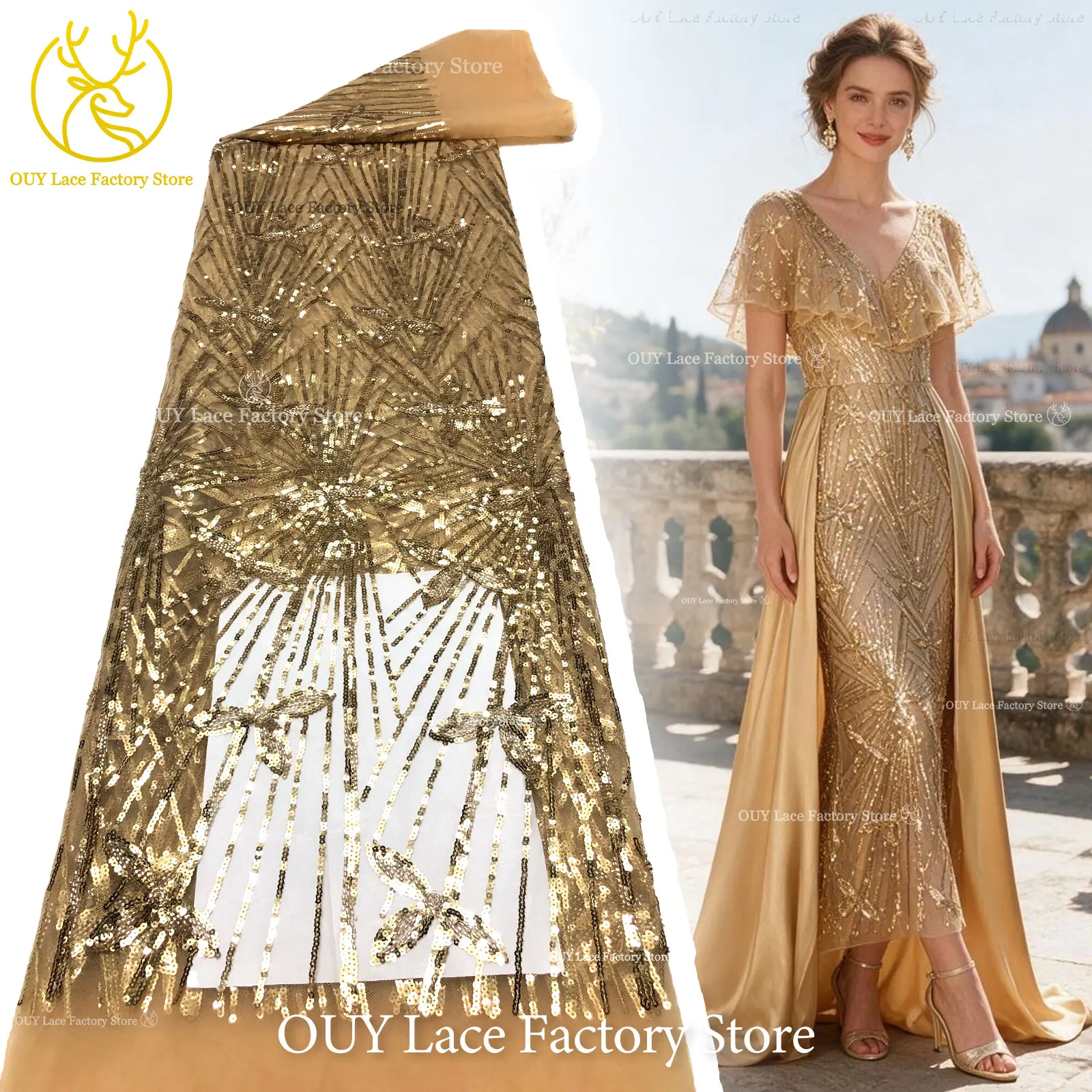 Golden Luxury Sequin Tulle Lace Fabric, High Quality African Beaded Mesh Lace for Women Evening Party Wedding Gown Sewing
