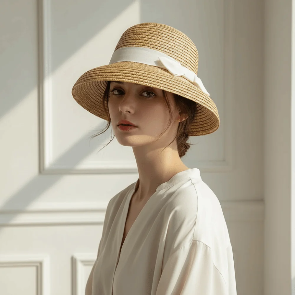 High-Density Weave Wheat Straw Cloche Grosgrain Ribbon Trim Retainable Shape French Style Sun Hat Breathable Lightweight Comfort
