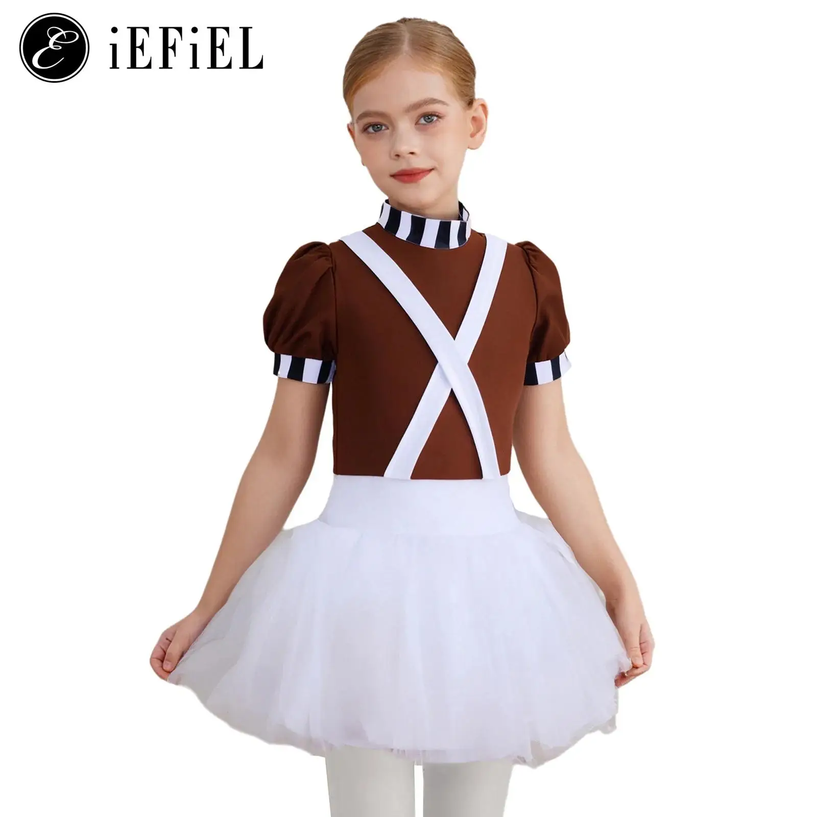 

Girls Chocolate Factory Worker Halloween Costume Mock Short Sleeve Crisscross Suspender Tutu Dress Candy Movie Character Outfit