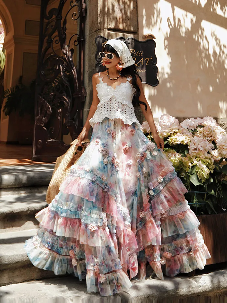 TIYIHAILEY Women Long Maxi Mesh Skirt Elastic High Waist Layer Skirt Flowers Ball Gown Ladies Irregular 3D Floral Embellishment