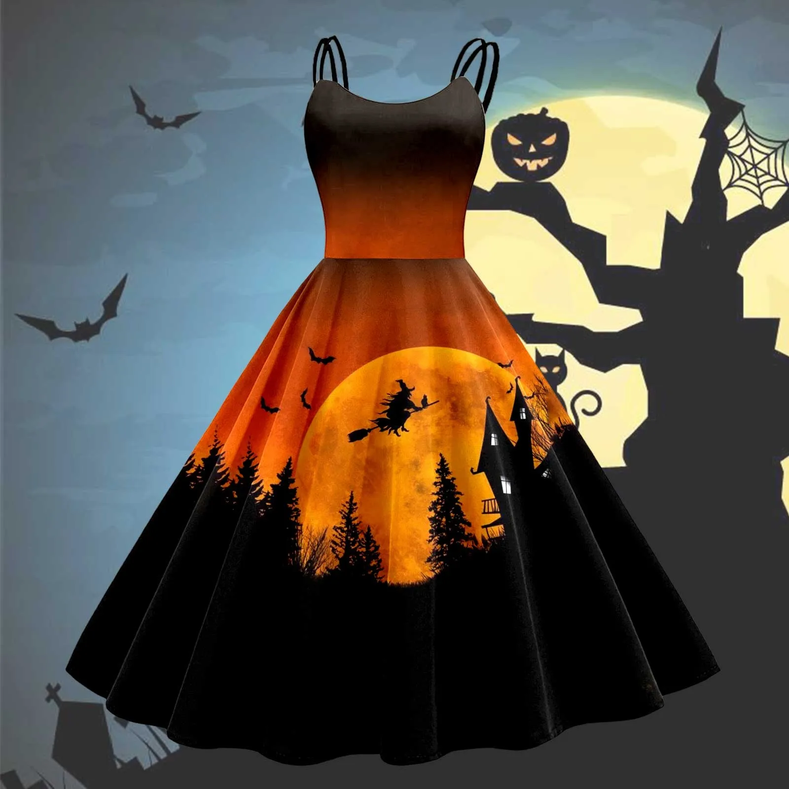 Women'S Halloween Trend Fashion Dresses Unique Creative Fun Print Sexy Halter Dress Big Swing Delicate Casual Dresses