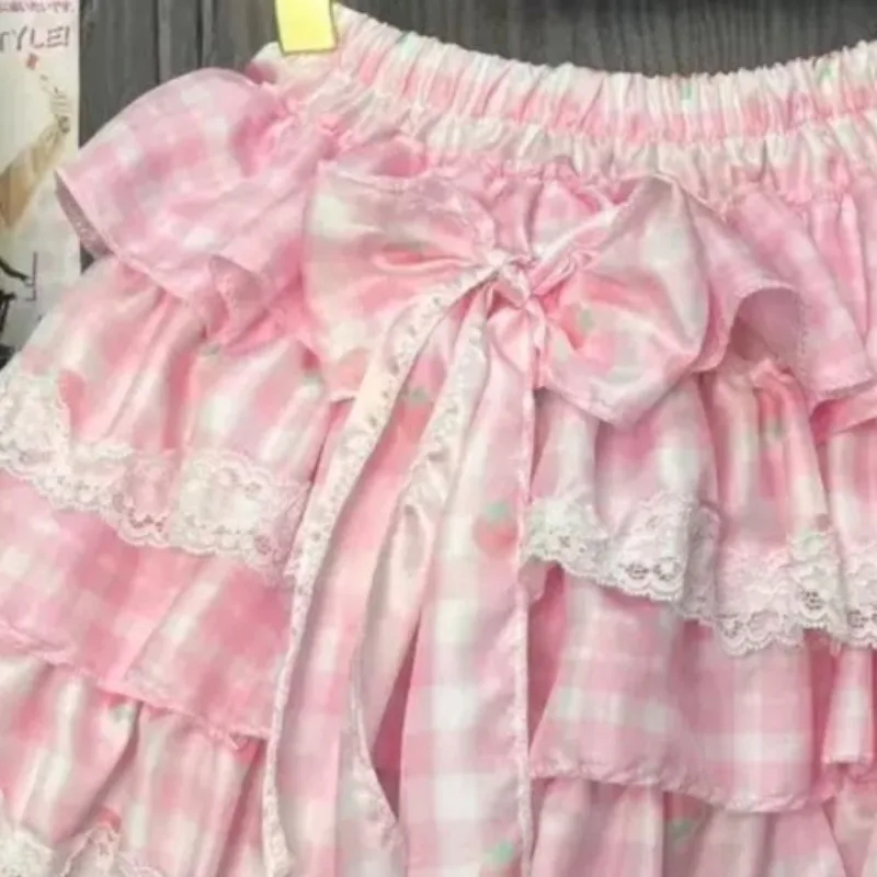 Kimutomo Pink Plaid Sweet Fluffy Puffy Cake Skirt Lace Bow Lolita Style Y2k Aesthetic Harajuku Mini Tutu Skirt Female Casual