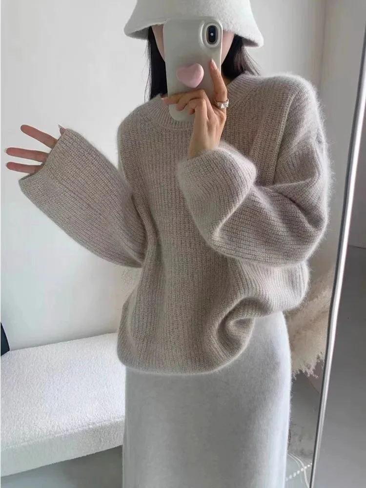 

Casual loose women's O-neck pullover sweater 2025 autumn and winter knitted long sleeved new product women's 100% wool sweater