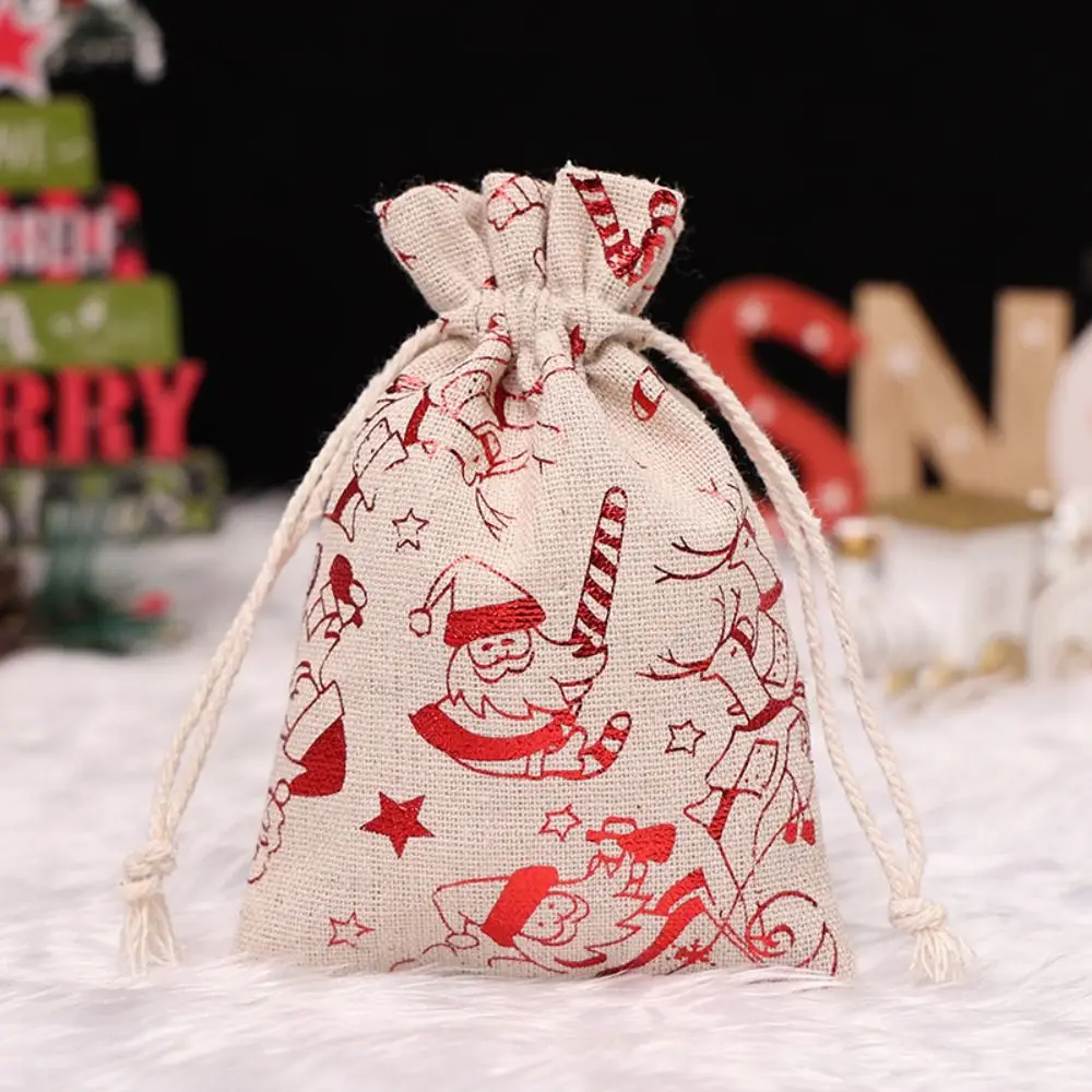 10Pcs Linen Christmas Candy Cotton Bag Hot Gold Snowflake Christmas Bronzing Gift Bag Drawstring Santa Claus Christmas Gift Bag