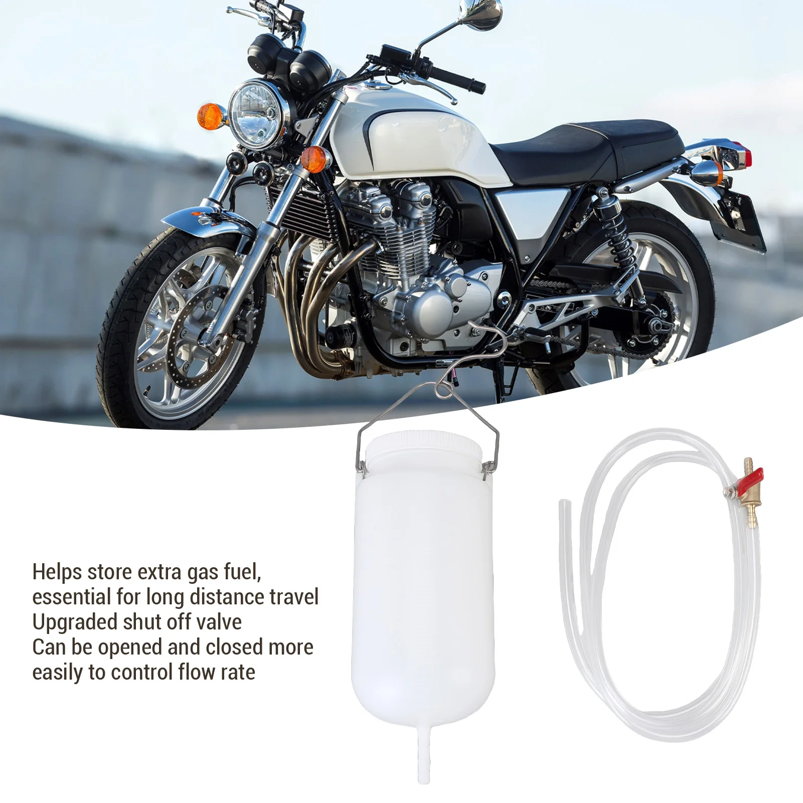 1L Motorcycle Auxiliary Fuel Tank Kit with Fuel Hose Cut Off Valve for Long Distance Cycling Traveling Touring