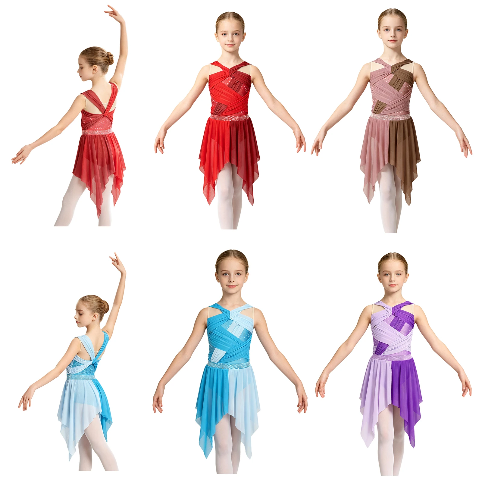 Kids Girls Shiny Rhinestone Ruched Mesh Modern Lyrical Dance Dress Figure Skating Ballet Gymnastics Acrobatics Leotard Dresses