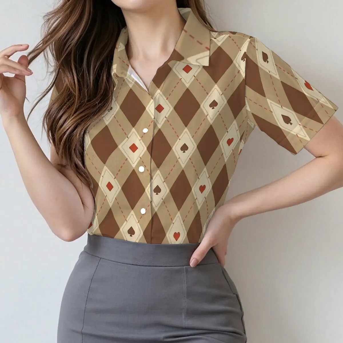 

Women's summer shirt, brown coffee argyle pattern, retro trend, unique and creative, suitable for business and social occasions