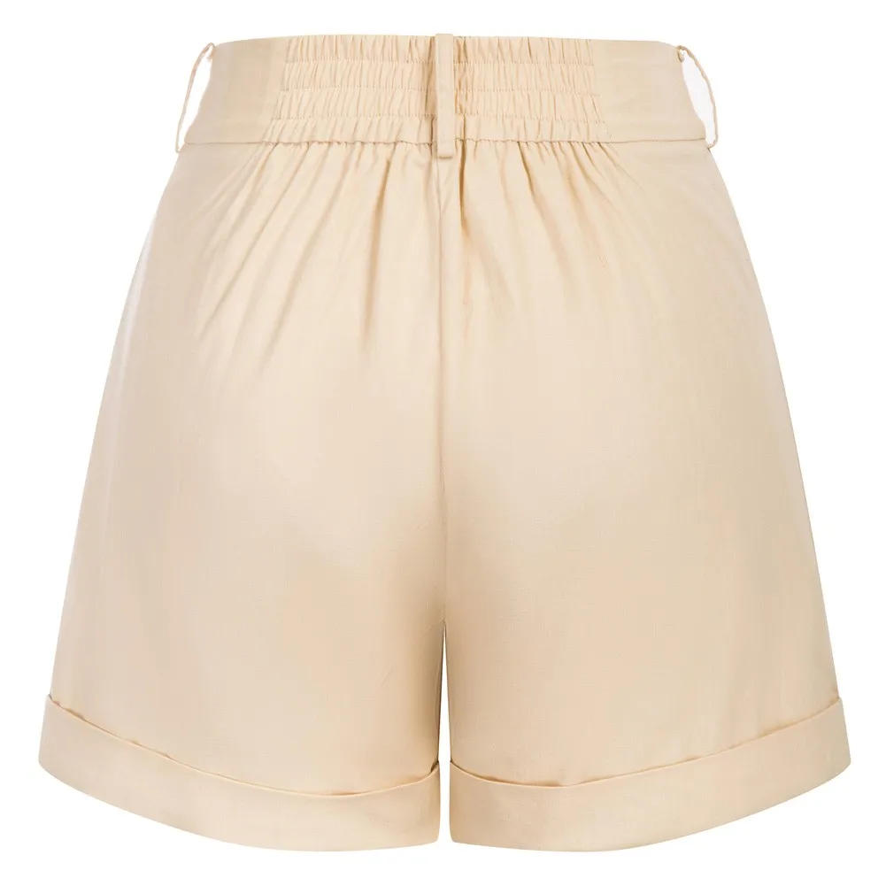 Belle Poque Women Summer Elastic High Waist Shorts With Pockets Fold Up Leg Opening Cotton Short Pants Vintage Wide Leg Shorts