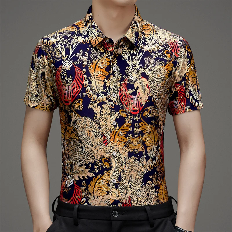 F12aged men's summer short sleeved floral shirt, loose and non ironing casual half sleeved ice silk shirt, hot pressed thin