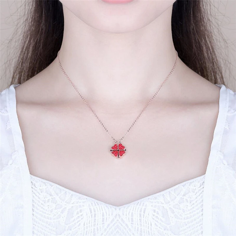 Sole Memory Foldable Magnetic Button Sweet Romance Zircon Heart Four Leaf Clover 925 Sterling Silver Female Necklace NE609