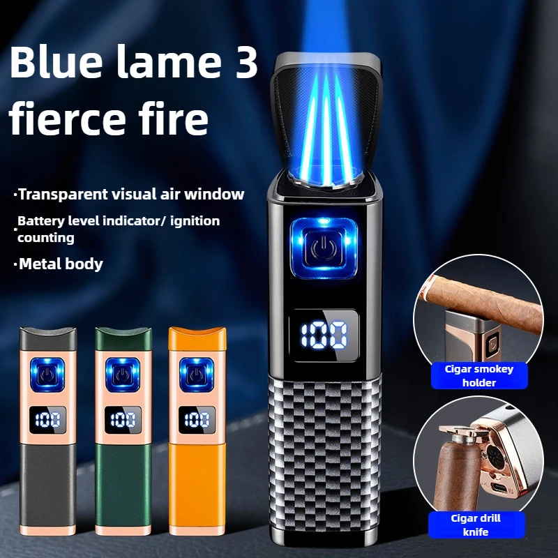 New Creative Three-fire Direct Blue Flame Cigar Lighter Gas-electric Two-in-one Portable Cigarette Lighter