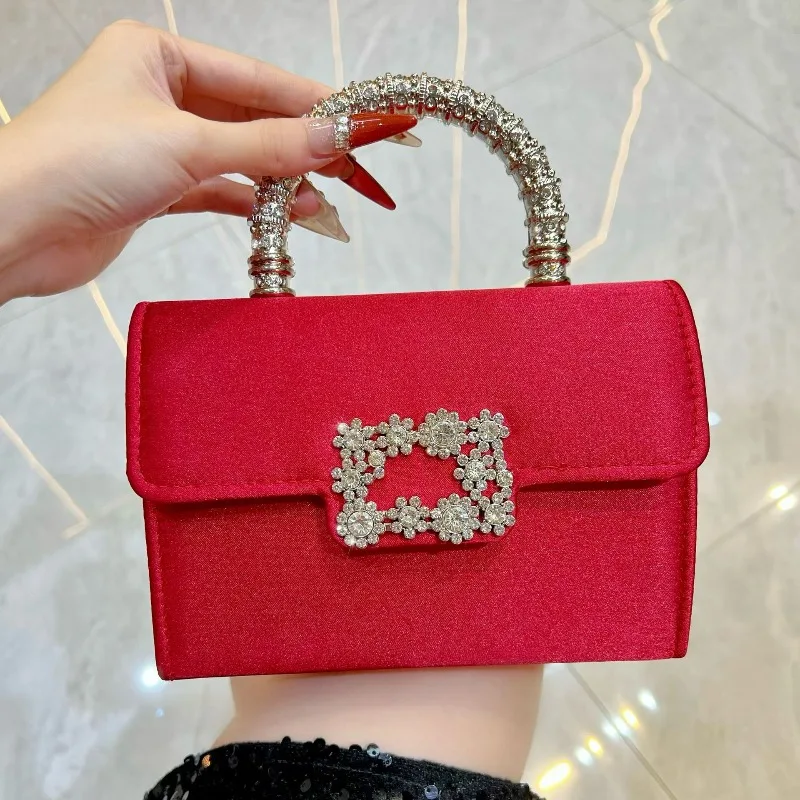 High End Women Evening Bag Luxury Female Wedding Clutch Purse Party Rhinestones Buckle Handle Red Shoulder Bags Lady Handbag
