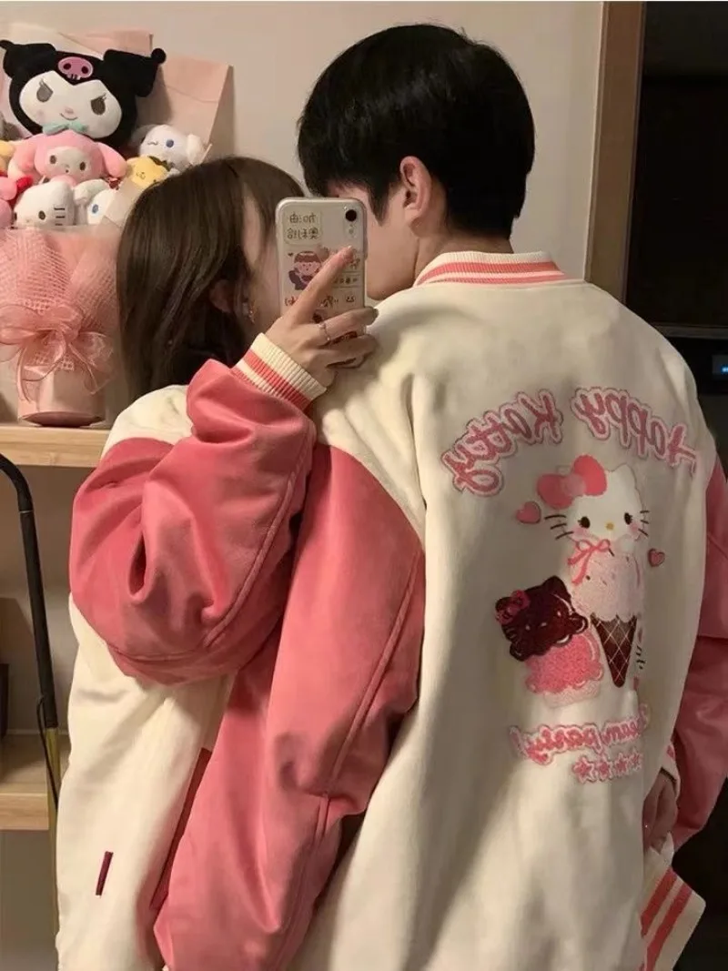 

Розовая милая куртка Hello Kitty, женская весенне-осенняя одежда, женские свободные пальто в корейском стиле с вышивкой, бейсбольная куртка для пар