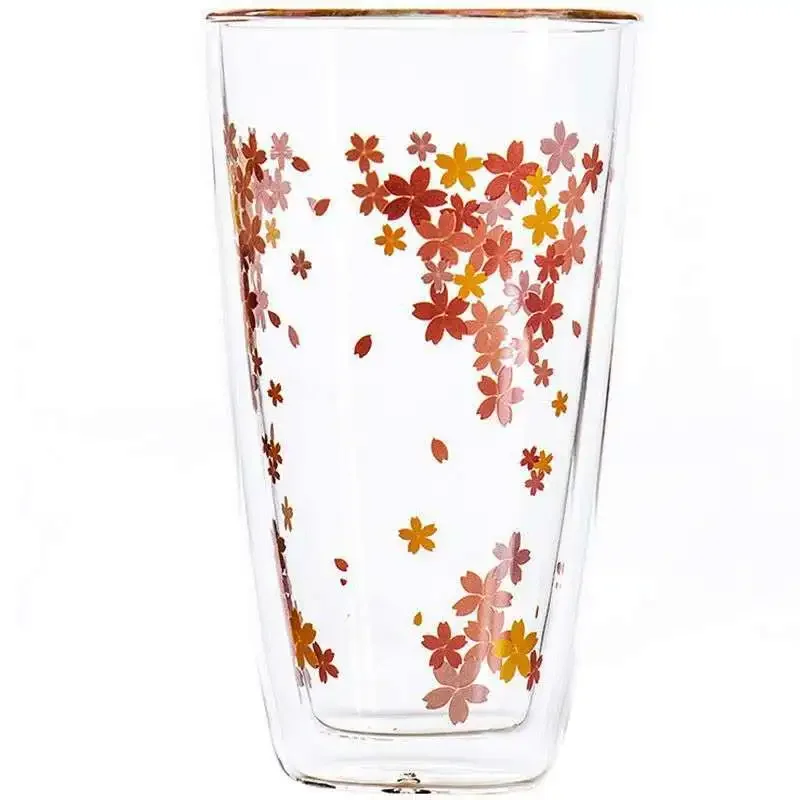 Double Wall Glass Cup with Sakura Printings 350ml Lovely Heat Insulation Coffee Milk Shake Juice Glass Tumbler 1 Piece