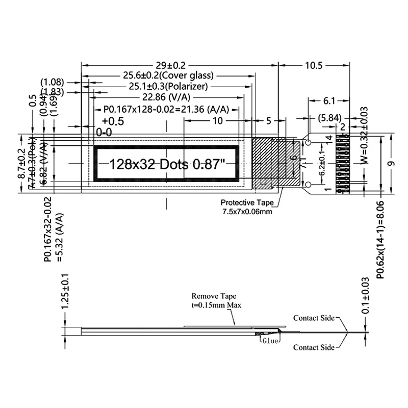 0.87 Inch OLED Display Module, 128x32 Resolution, SSD1316 Driver, I2C Interface, Monochrome, Bare Panel Small Display LCD Module