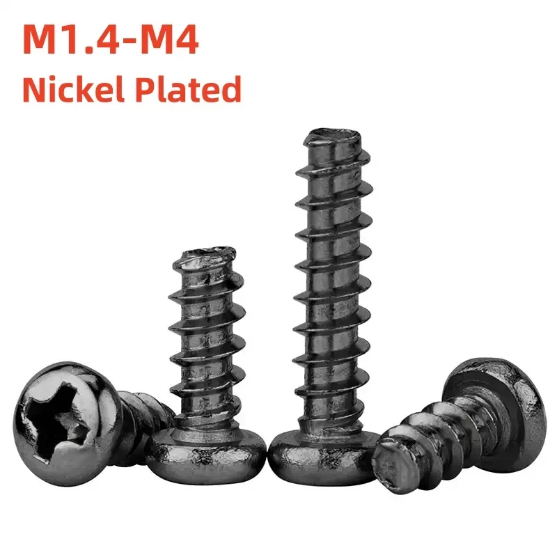 M1.4-M4 Black Nickel Plated Cross Round Head Flat Tail Self Tapping Screw Phillips Cross Recessed Head Self Tapping Screws