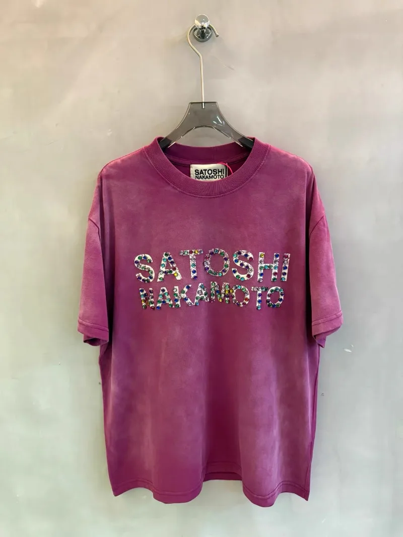 Satoshi Nakamoto Studded Logo T-shirts Men Women Best Quality Pure Cotton Washed Red Oversized T Shirt