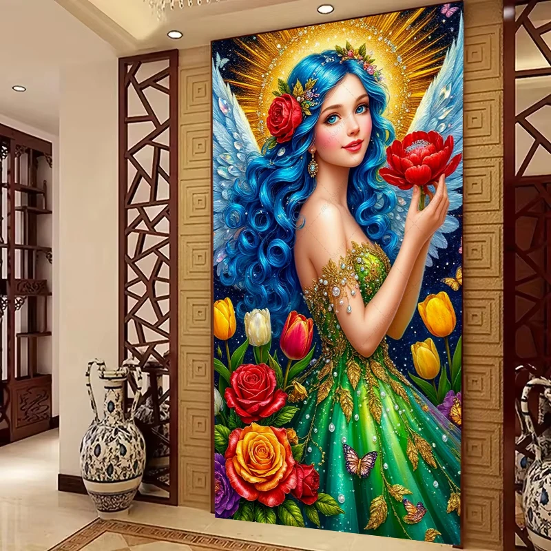 

5D Large Colorful Flowers DIY Diamond Painting Cross Stitch Fairy Wings Girl Beauty Full Square Round Diamond Mosaic Wall Art