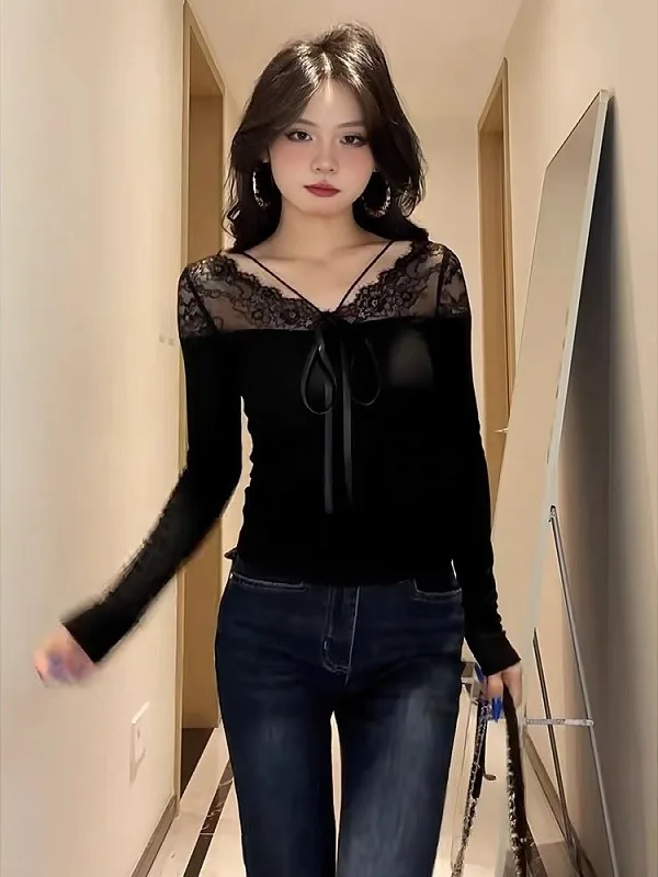 

plus Size Lace Splice Long Sleeve T-Shirt Women's Autumn Winter Warm Base Shirt Inner Wear Hot Girl Style Slim Fit Casual Top