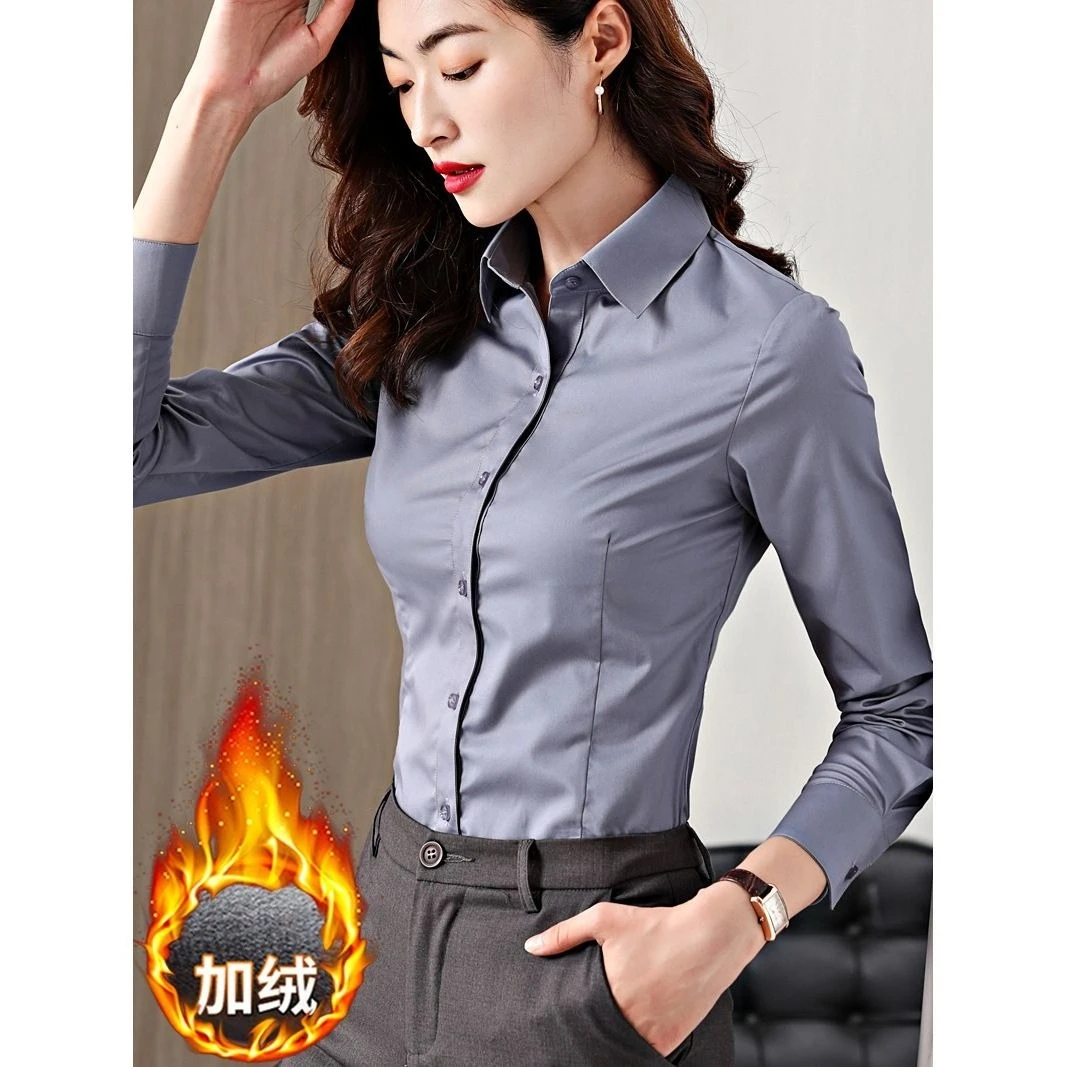 

2025 Fleece Lined Shirt Women Long Sleeve Winter Warm Thick Office Work Blouse Grey Casual Workwear