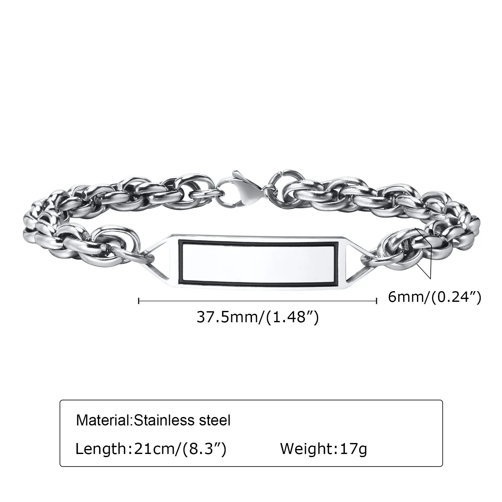 Stainless Steel Men's Fashion Bracelet Corroded Geometric Square Smear Oil Curved ID Bracelet Twist Chain Bangle Silver For XMAS