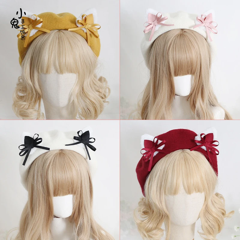 Japanese lolita girls bow cat ears beret of lovely cat ears in the fall and winter bud hat