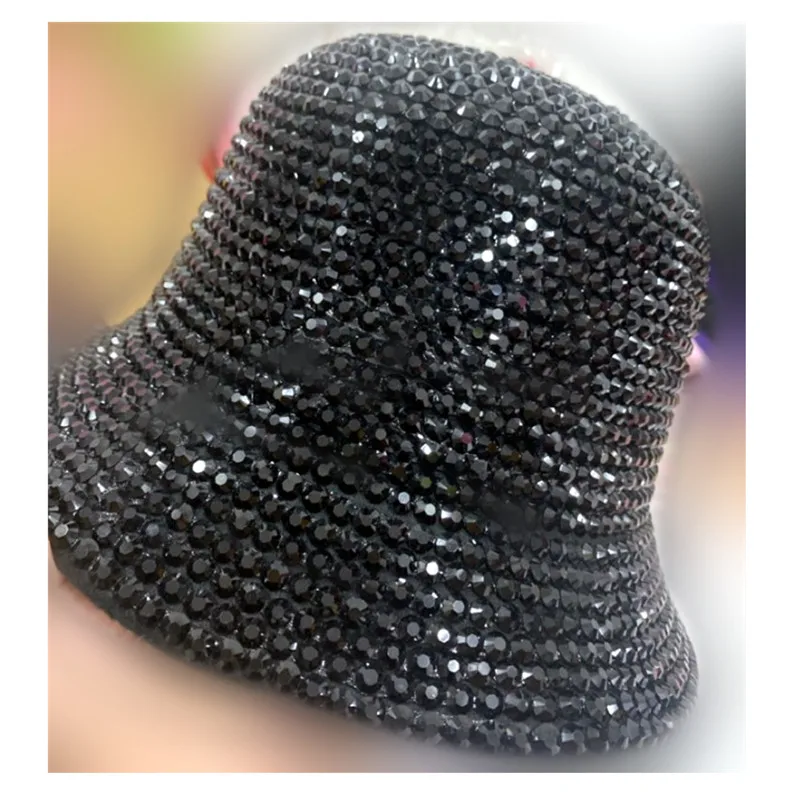 

Men Women Blakc Bling Rhinestone Bucket Hat Simple Wide Brim Felt Panama with Full Diamond Adjustable Jazz Hats wholesale NEW